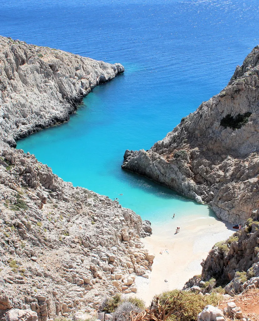 View of the pristine beaches and turquoise coves of Seitan Limania on Crete's southern coast.